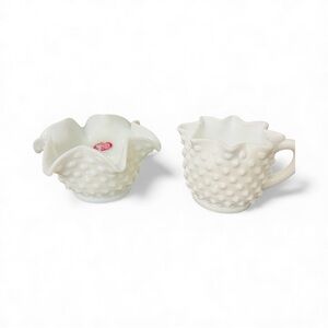 Fenton Milk Glass Hobnail Creamer & Ruffled Bowl Set White Scalloped Edge VTG